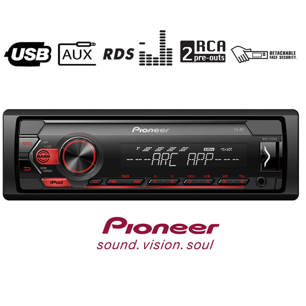 Pioneer MVH-S120UI – Ράδιο USB, AUX με κόκκινο φωτισμό, συμβατό με συσκευές Apple και Android