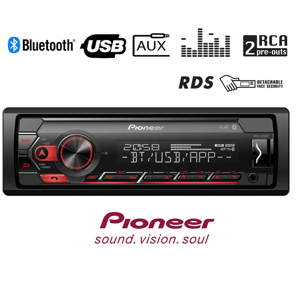 Pioneer MVH-S320BT - Ράδιο με Bluetooth®, USB, AUX, κόκκινο φωτισμό, συμβατό με συσκευές Android