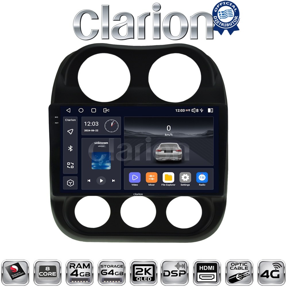 CLARION GL74252 - Οθόνη Jeep Compass 2012 - 2016 με Car Play, Android Auto, BT, GPS