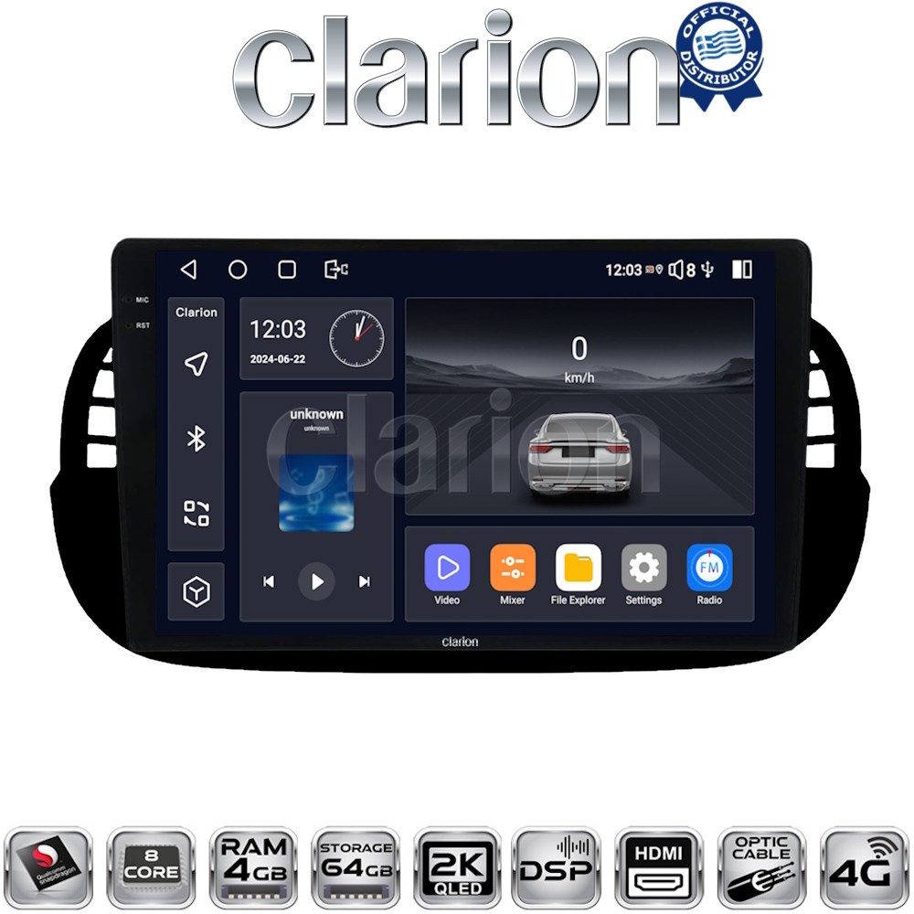 CLARION GL74315B Οθόνη OEM Multimedia Αυτοκινήτου για Fiat 500 2007 > 2016 με CarPlay, AndroidAuto, BT, GPS