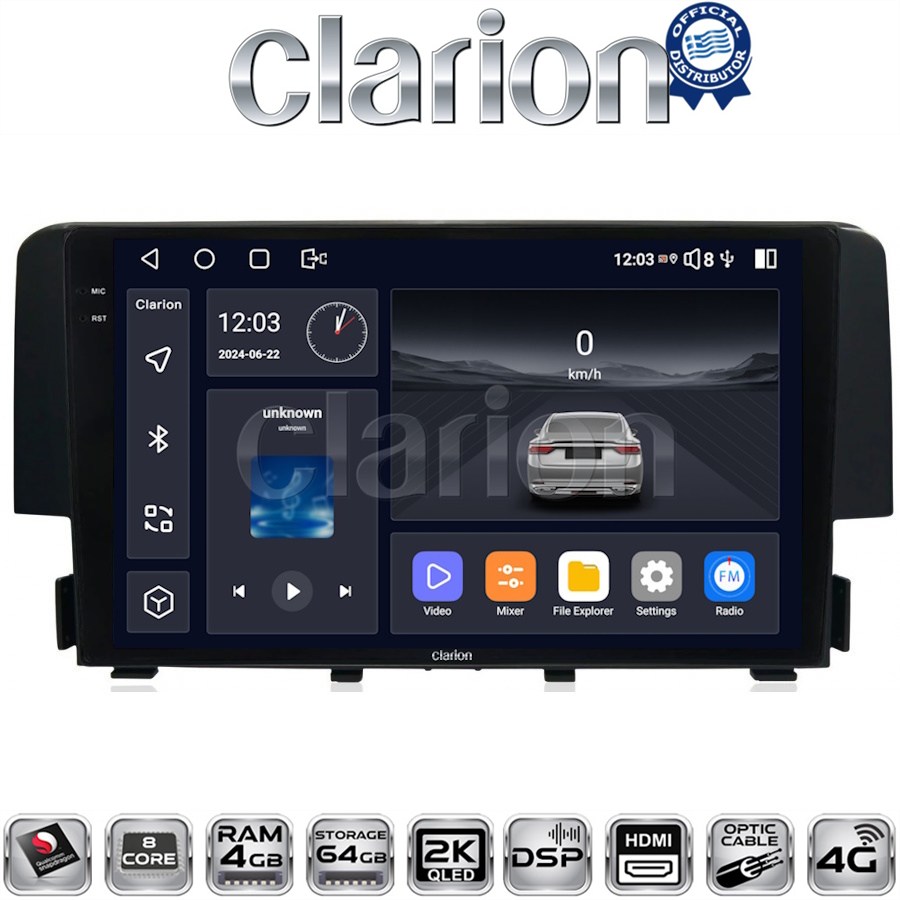 CLARION GL74941 Οθόνη OEM Multimedia Αυτοκινήτου για HONDA CIVIC 2016> με CarPlay, AndroidAuto, BT, GPS