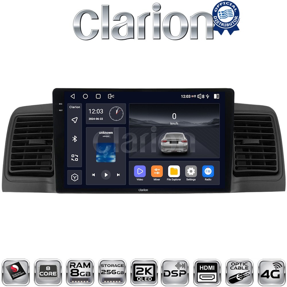 CLARION GL75010B Οθόνη OEM Multimedia Αυτοκινήτου για Toyota Corolla 2000 > 2007 CarPlay, AndroidAuto, BT, GPS