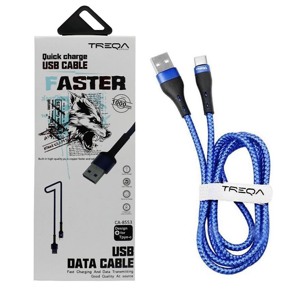 TREQA CA-8553 Blue – Καλώδιο γρήγορης φόρτισης και μεταφοράς δεδομένων 1m - USB A to Type C