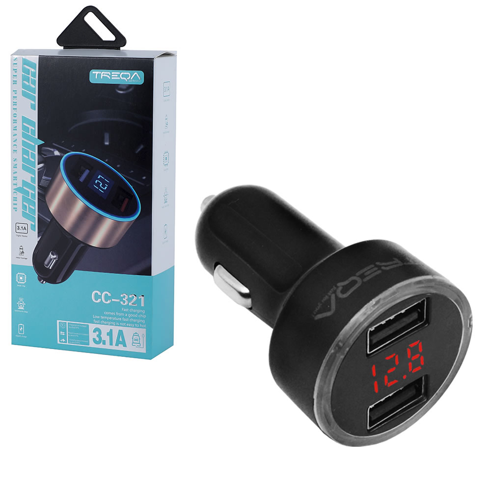 TREQA CC-321 Black - Φορτιστής αναπτήρα αυτοκινήτου ταχείας φόρτισης 12V - 24V με 2 Θύρες USB-A 3.1Α