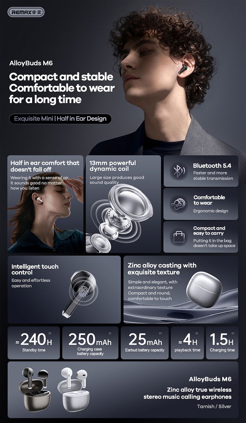 REMAX ALLOYBUDS M6 (GLOSS BLACK) ZINC ALLOY TRUE WIRELESS EARBUDS