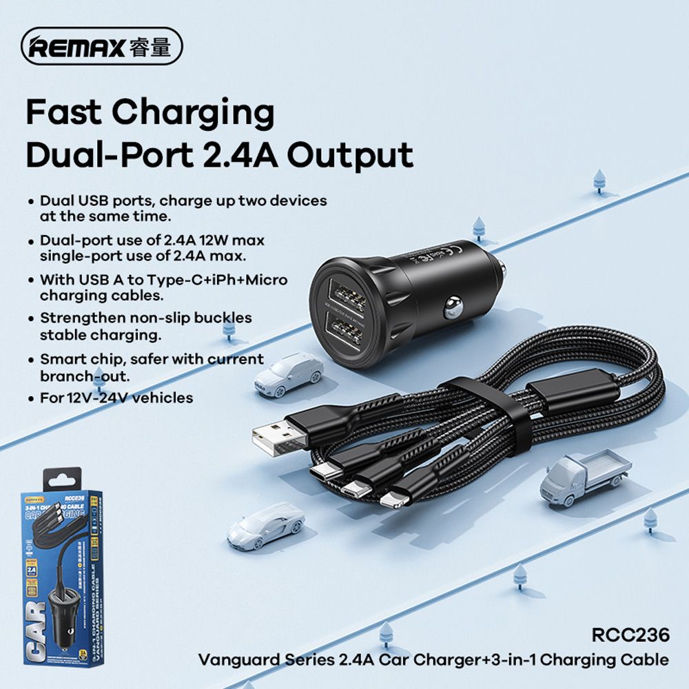 REMAX RCC236 12W (3 in 1 CAR CHARGER - CABLE) REMAX RCC236 12W (3 in 1 CAR CHARGER - CABLE)