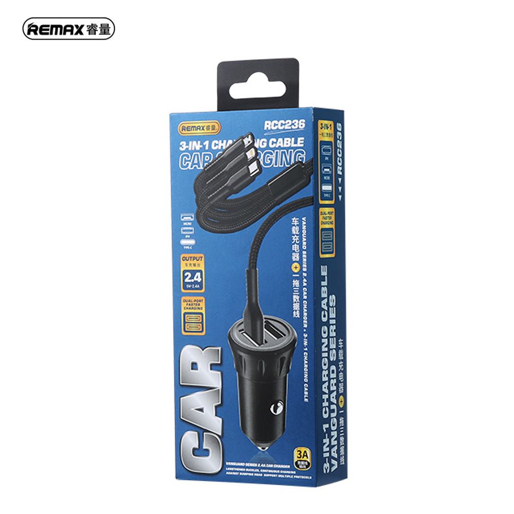 REMAX RCC236 12W (3 in 1 CAR CHARGER - CABLE)