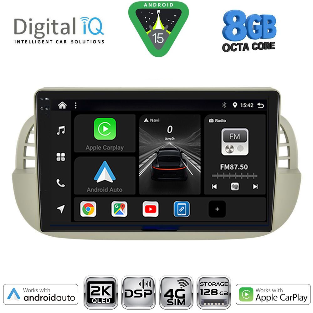 Fiat 500 2007 - 2015 Οθόνη με CarPlay, Android Auto, Bluetooth, GPS - DIGITAL IQ BXF 11130BG_CPAA (9inc)
