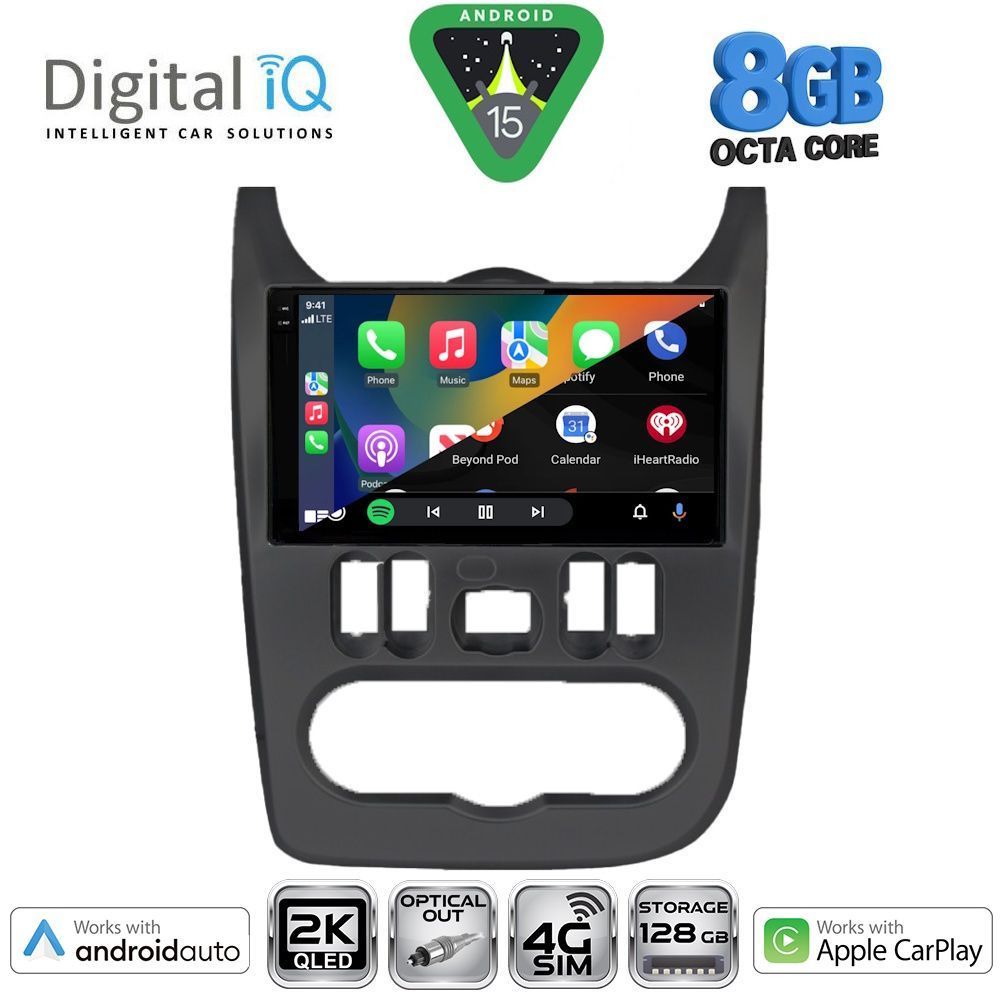 Οθόνη Dacia Duster, Logan, Sandero 2009 – 2012 με CarPlay, Android Auto, GPS, Bluetooth - DIGITAL IQ BXK 20101BL_CPAA (9inc)