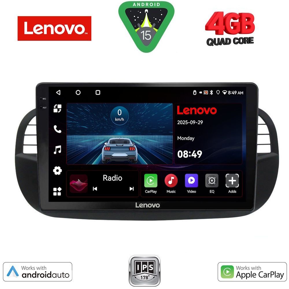 Fiat 500 2007 - 2015 Οθόνη με CarPlay, Android Auto, Bluetooth, GPS - LENOVO LVE 8130BL_CPAA (9inc)