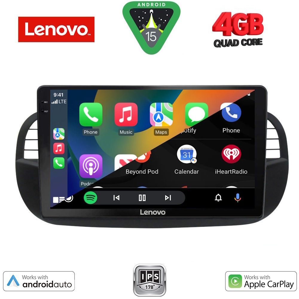 Fiat 500 2007 - 2015 Οθόνη με CarPlay, Android Auto, Bluetooth, GPS - LENOVO LVE 8130BL_CPAA (9inc)