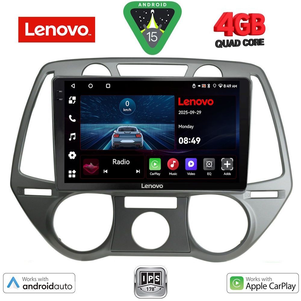 Hyundai i20 2008 – 2013 Οθόνη με CarPlay, Android Auto, Bluetooth, GPS - LENOVO LVE 8228_CPAA A/C (9inc)