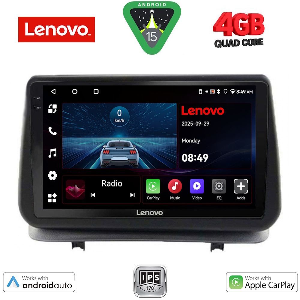 Οθόνη Renault Clio 2005 – 2011 με Car Play, Android Auto, GPS, Bluetooth - LENOVO LVE 8543_CPAA (9inc)