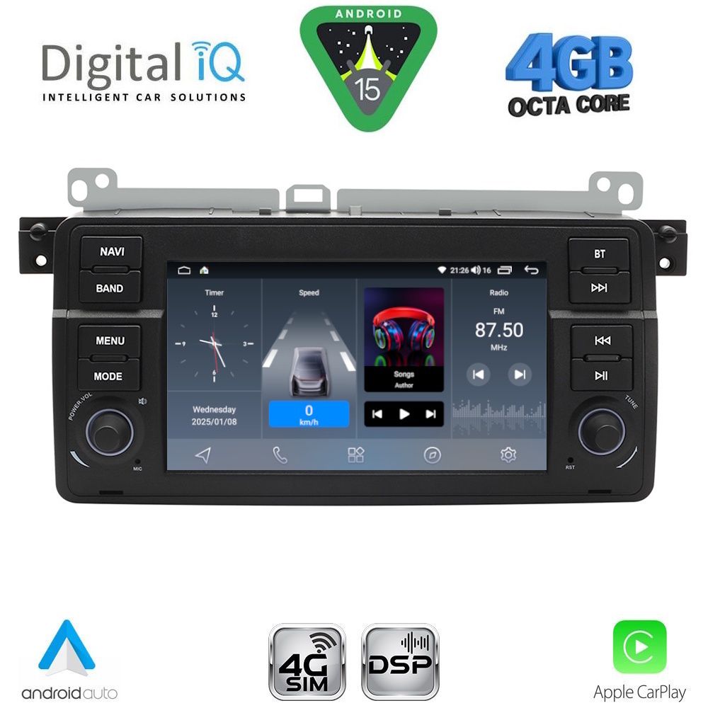BMW Series 3 (E46) 1998 – 2005 Οθόνη με Car Play, Android Auto, BT, GPS – DIGITAL IQ BLG 452_CPA (7" DECK)
