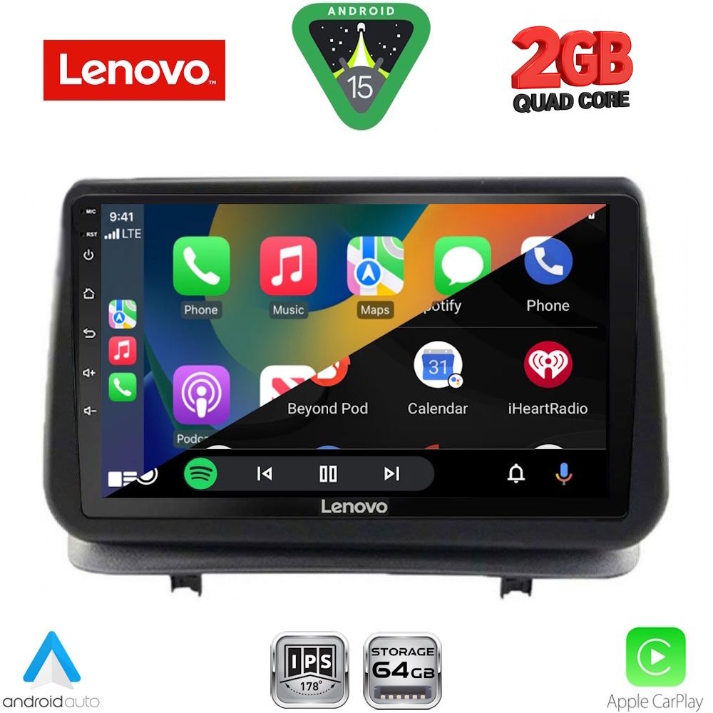 Οθόνη Renault Clio 2005 – 2011 με Car Play, Android Auto, GPS, Bluetooth - LENOVO LVD 2543_CPA (9inc)