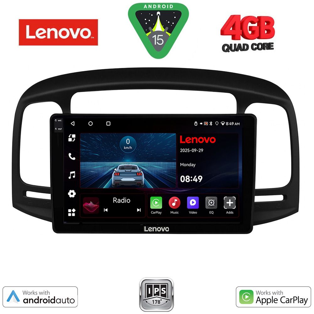Οθόνη Hyundai Accent 2005 – 2012 με CarPlay, Android Auto, GPS, Bluetooth – LENOVO LVE 8249BL_CPAA (9inc)