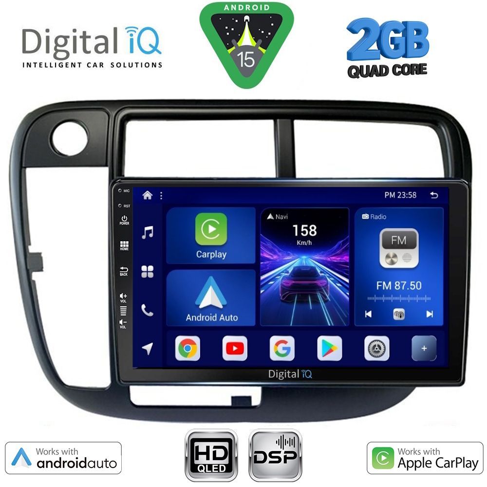 Οθόνη Honda Civic 1995 – 2001 με Car Play, Android Auto, Bluetooth, GPS – DIGITAL IQ BXC 3186_CPAA CLIMA (9inc)