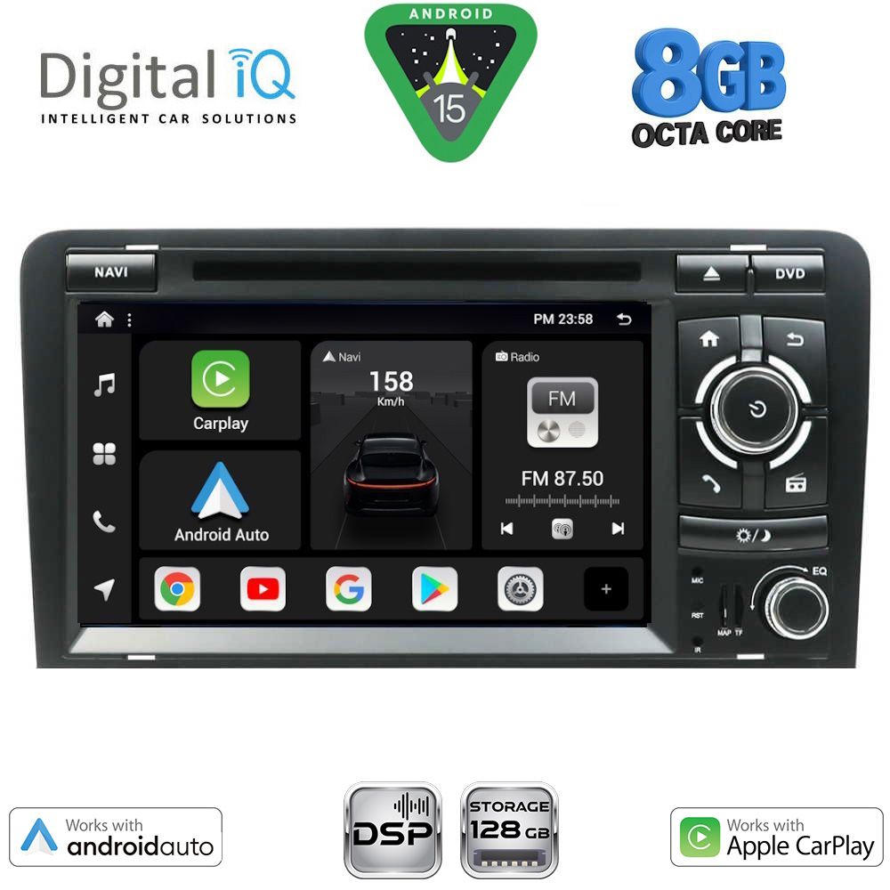 Audi A3 2003 – 2012 Οθόνη με CarPlay, Android Auto, Bluetooth, GPS – DIGITAL IQ BXF 749_CPAA (7'' DVD)