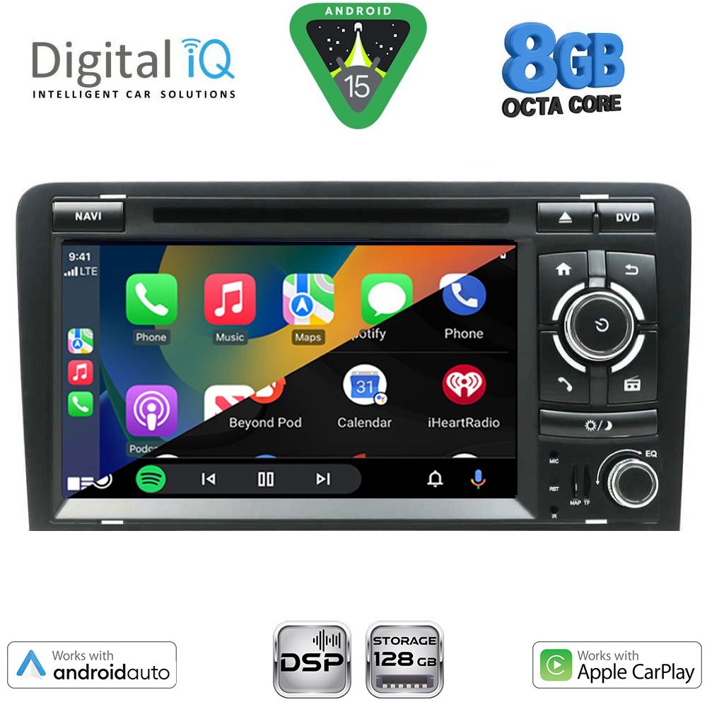 Audi A3 2003 – 2012 Οθόνη με CarPlay, Android Auto, Bluetooth, GPS – DIGITAL IQ BXF 749_CPAA (7'' DVD)
