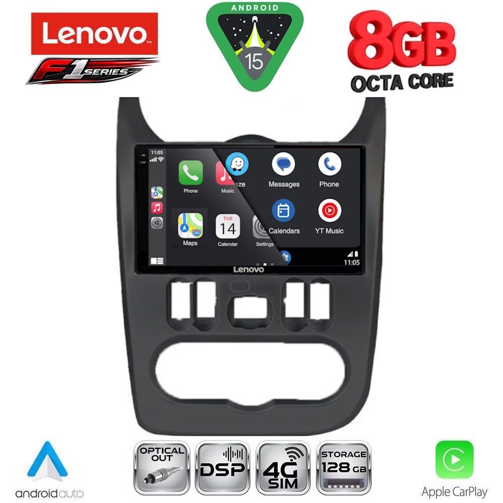 Οθόνη Dacia Duster, Logan, Sandero 2009 – 2012 με CarPlay, Android Auto, GPS, Bluetooth - LENOVO SSR 10101BL_CPA (9inc)
