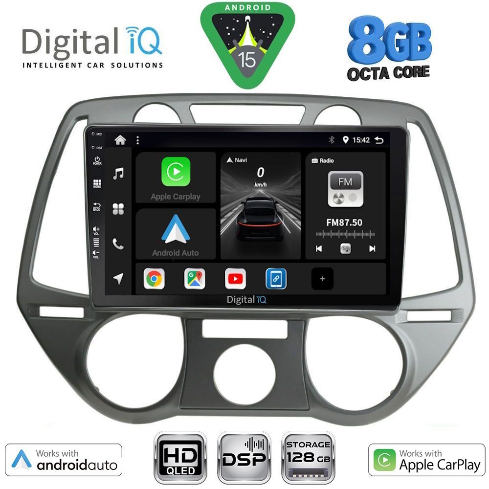 Οθόνη Hyundai i20 2008 – 2013 με CarPlay, Android Auto, GPS, Bluetooth – DIGITAL IQ BXF 7228_CPAA A/C (9inc)