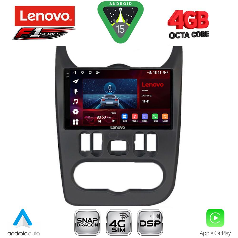 Οθόνη Dacia Duster, Logan, Sandero 2009 – 2012 με CarPlay, Android Auto, GPS, Bluetooth - LENOVO SSQ 9101BL_CPA (9inc)