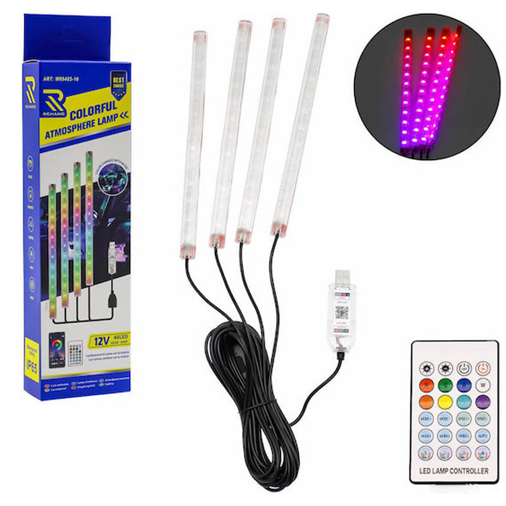 Ατμοσφαιρικά φώτα LED αυτοκινήτου με RGB φωτισμό και έλεγχο μέσω τηλεχειριστηρίου και APP (4X12Led – 22Cm) – W09485-10